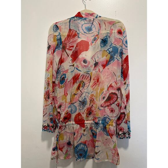 Koi Sheer Embellished Jewels Multicolor Long Sleeve Pullover Tunic Top - Picture 2 of 8